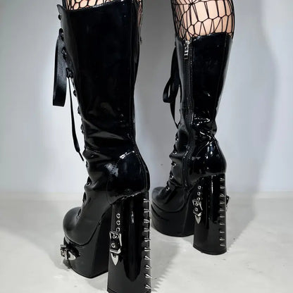 Goth Chunky Platform Knee-High Boots – Black Patent with Rivets, Satin Lace-Up, Y2K Punk Style for  & Women