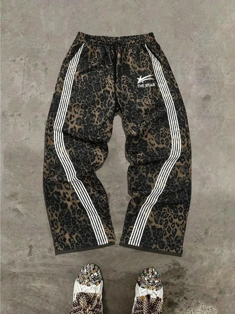 Men’s Leopard Print Sweatpants – Y2K Jungle Graphic Joggers with Drawstring Waist for Streetwear