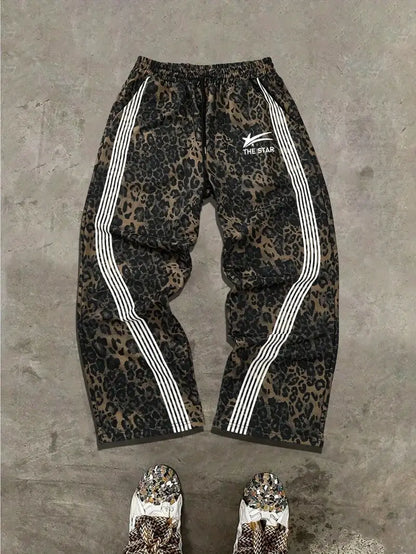 Men’s Leopard Print Sweatpants – Y2K Jungle Graphic Joggers with Drawstring Waist for Streetwear