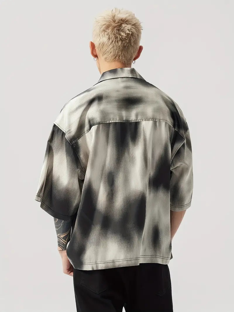 Unisex Ombre Polyester Shirt Lapel Collar Button-Up Short Sleeve Top for Summer Beach Party Wear