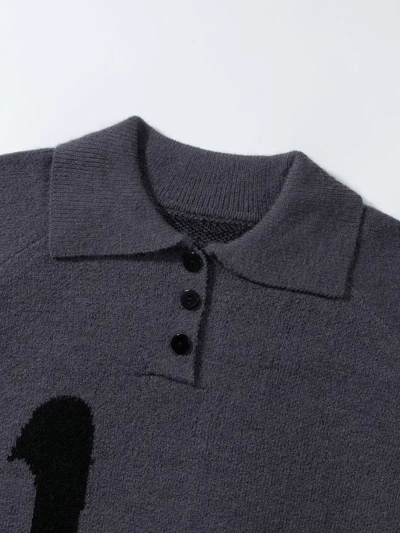 Men's Button Lapel Sweater – Alphabet Print, Long Sleeve Pullover, Casual Knitwear for Fall/Winter