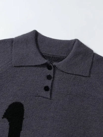 Men's Button Lapel Sweater – Alphabet Print, Long Sleeve Pullover, Casual Knitwear for Fall/Winter