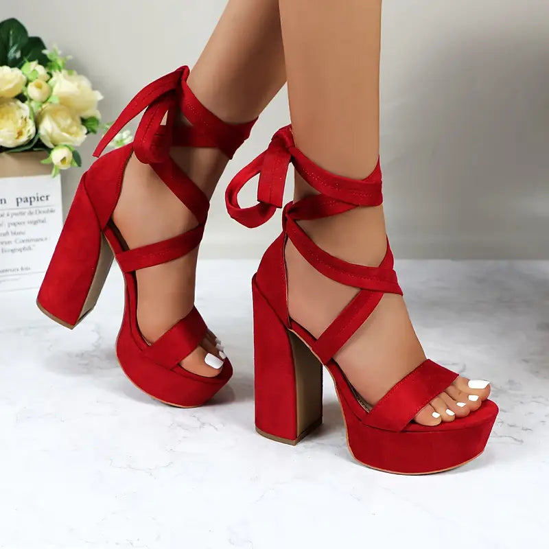 GLAZE Women’s Chunky Block Heel Sandals – Adjustable Lace-Up Crisscross Straps, Thick Platform Design with PU Synthetic Cover for Weddings, Parties & Summer Events