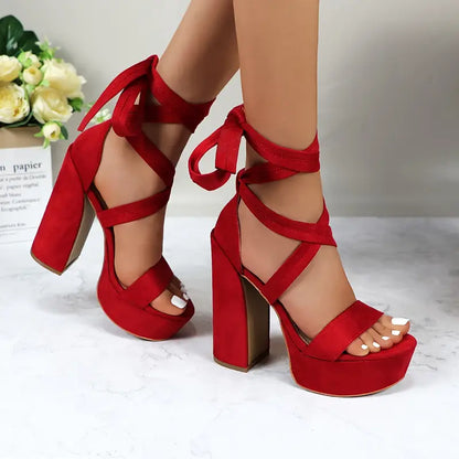 GLAZE Women’s Chunky Block Heel Sandals – Adjustable Lace-Up Crisscross Straps, Thick Platform Design with PU Synthetic Cover for Weddings, Parties & Summer Events