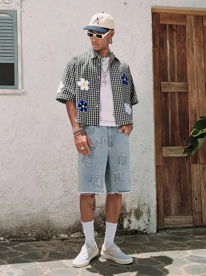 Men's White Gingham Shirt with Floral Embroidery Short Sleeve Button-Up Lightweight Summer Streetwear