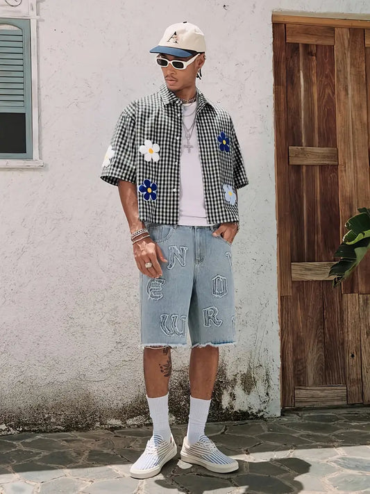 Men's White Gingham Shirt with Floral Embroidery Short Sleeve Button-Up Lightweight Summer Streetwear