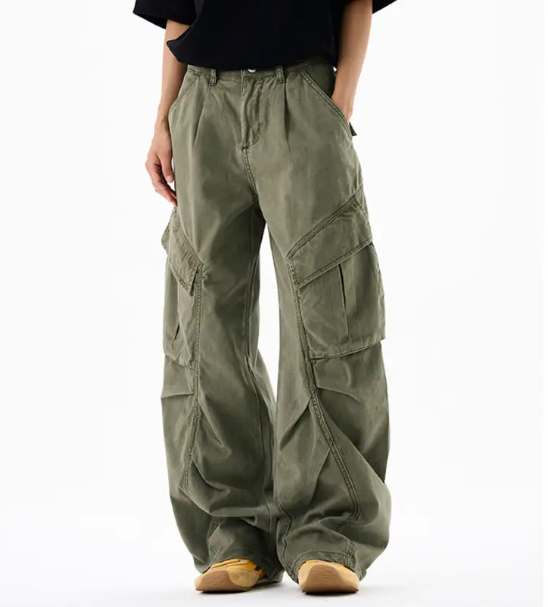 Men’s Cargo Pants – Loose Fit Draped Trousers with Large Pockets, Retro Streetwear Style Green