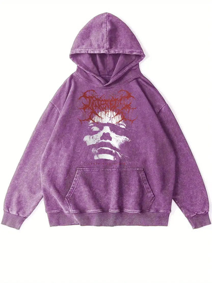 Men's Retro Washed Hoodie "ALONE" Graphic Funny Print Cotton Blend Pullover for Autumn Winter