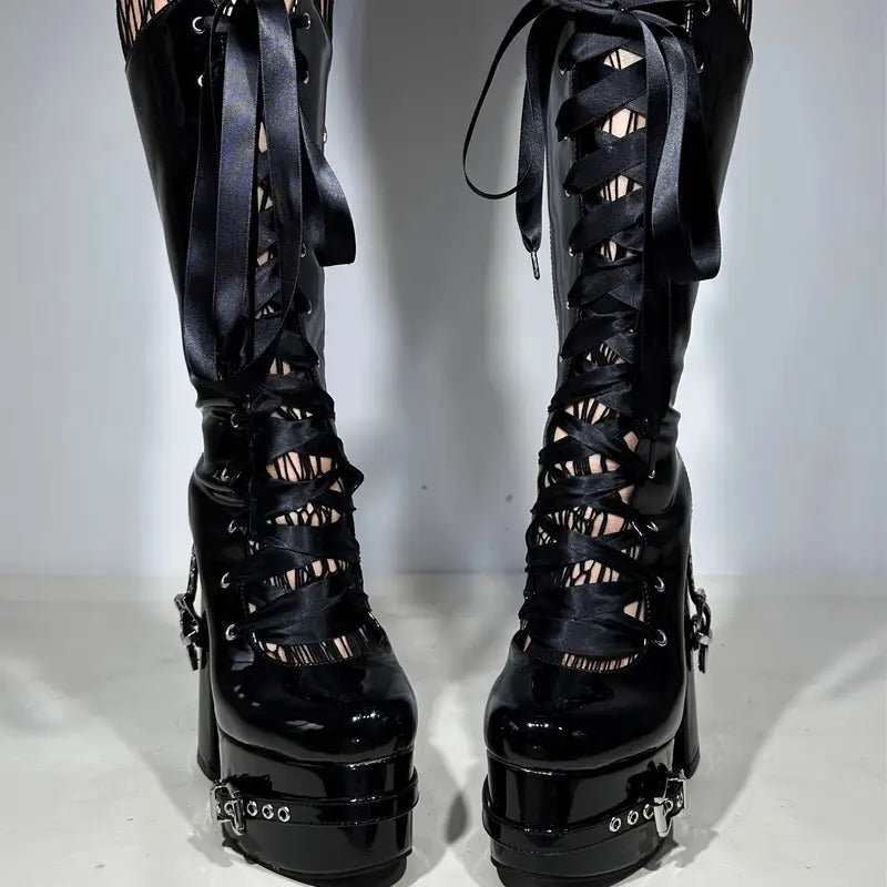 Goth Chunky Platform Knee-High Boots – Black Patent with Rivets, Satin Lace-Up, Y2K Punk Style for  & Women
