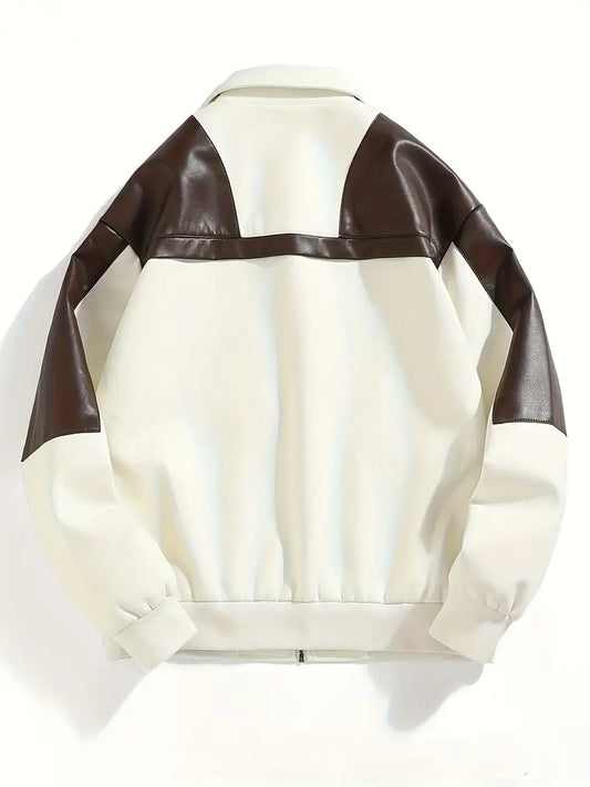 Unisex Casual Jacket for Couples Brown Color Block Design Full-Zip Polyester Coat for Outdoor Everyday Wear