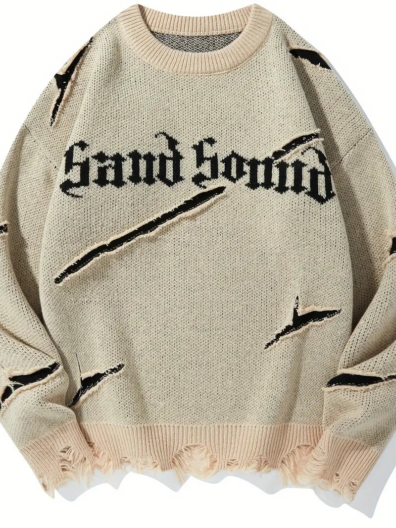 Men's Distressed Knit Sweater – Casual Pullover, Ripped Detail, Loose Fit Streetwear for Fall/Winter