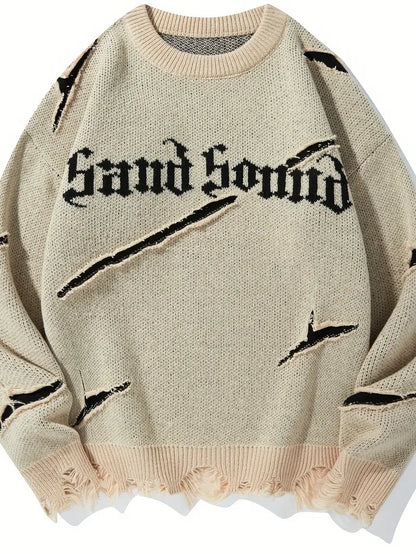 Men's Distressed Knit Sweater – Casual Pullover, Ripped Detail, Loose Fit Streetwear for Fall/Winter