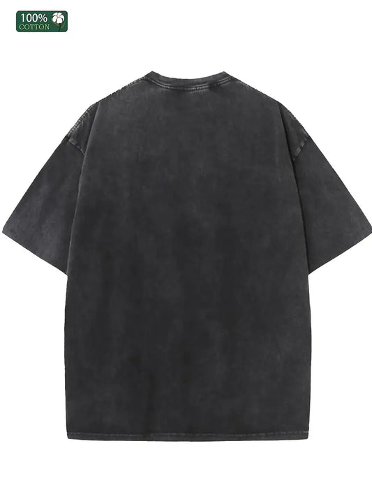 Men's Summer Loose Fit T-Shirt Thick Wax-Washed Cotton Round Neck Short Sleeve Street Outdoor Tee