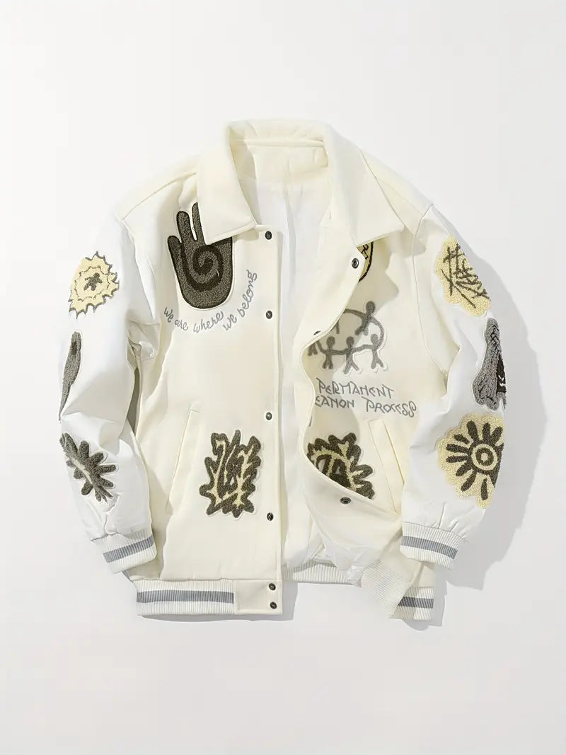 Men's Embroidered Striped Jacket Button-Up Lapel Casual Long Sleeve Outerwear for Fall Winter Black