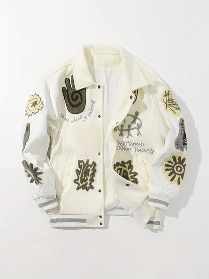 Men's Embroidered Striped Jacket Button-Up Lapel Casual Long Sleeve Outerwear for Fall Winter Black