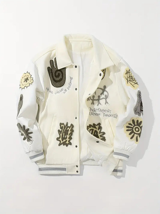 Men's Embroidered Striped Jacket Button-Up Lapel Casual Long Sleeve Outerwear for Fall Winter