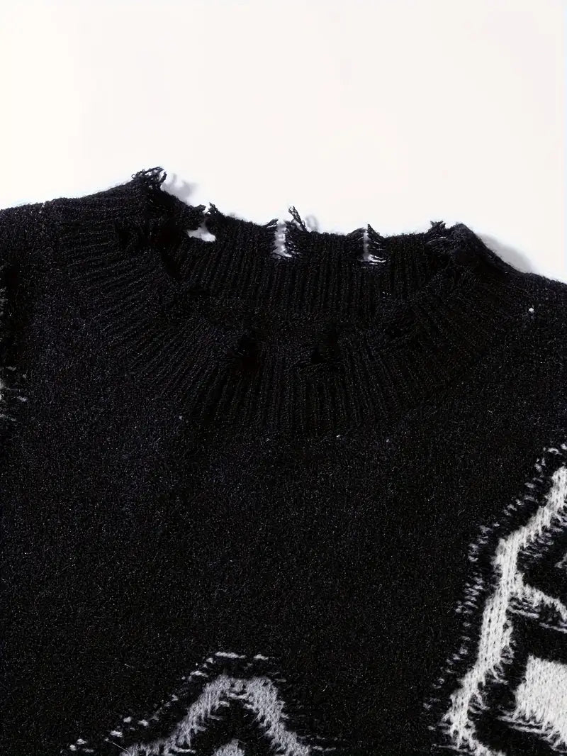 Men's Black Knit Sweater – Fringe Detail, Loose Fit, Casual Pullover for Fall & Winter Fashion