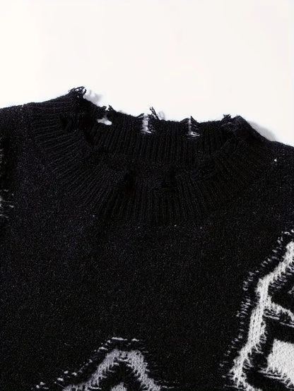 Men's Black Knit Sweater – Fringe Detail, Loose Fit, Casual Pullover for Fall & Winter Fashion