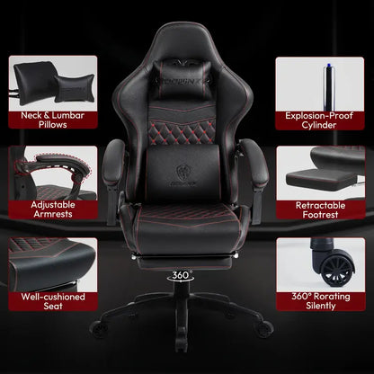 Big & Tall Ergonomic Gaming Chair – Massage Lumbar Support, Adjustable Footrest, Faux Leather, 350lbs Capacity