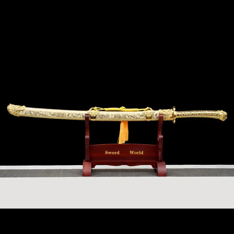 Handmade Golden Dragon Embroidery Sword – T10 Steel Blade, Cowhide Sheath, Decorative Collectible