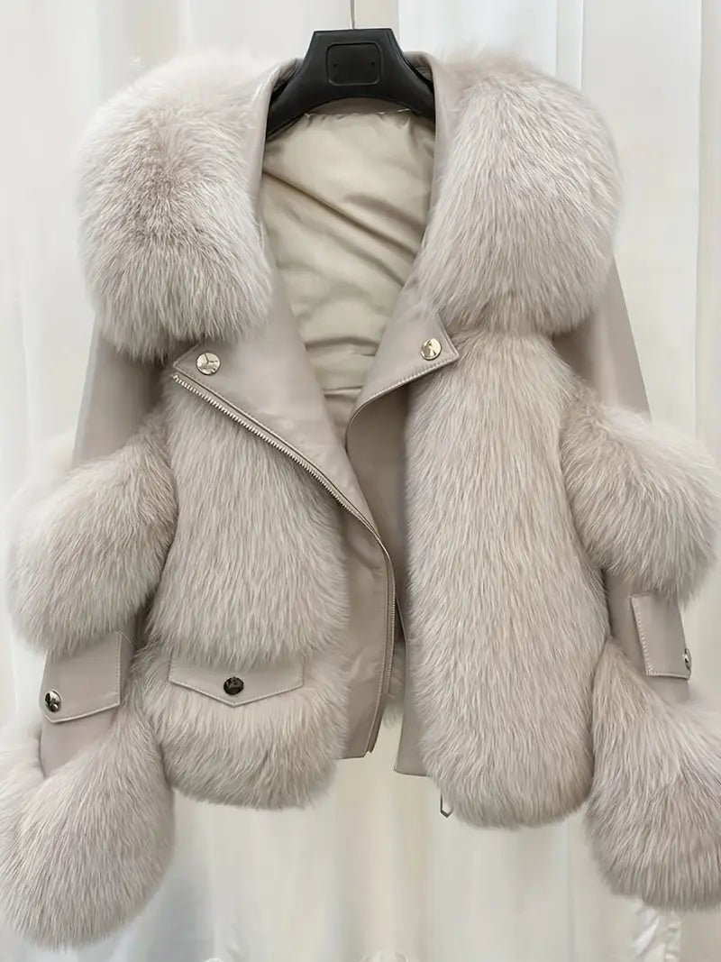 Women's Elegant Faux Fur Coat with Plush Collar Full-Length Winter Jacket Soft Lining Grey Black