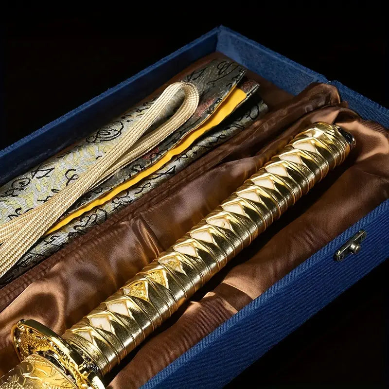 Golden Dragon Samurai Sword – High Manganese Steel, Ornate Tanto Blade, Riveted Handle, Historical Replica for Festive Displays