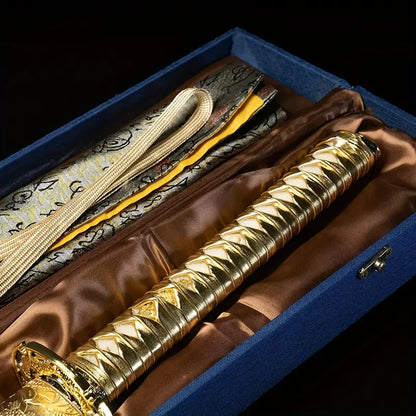 Golden Dragon Samurai Sword – High Manganese Steel, Ornate Tanto Blade, Riveted Handle, Historical Replica for Festive Displays