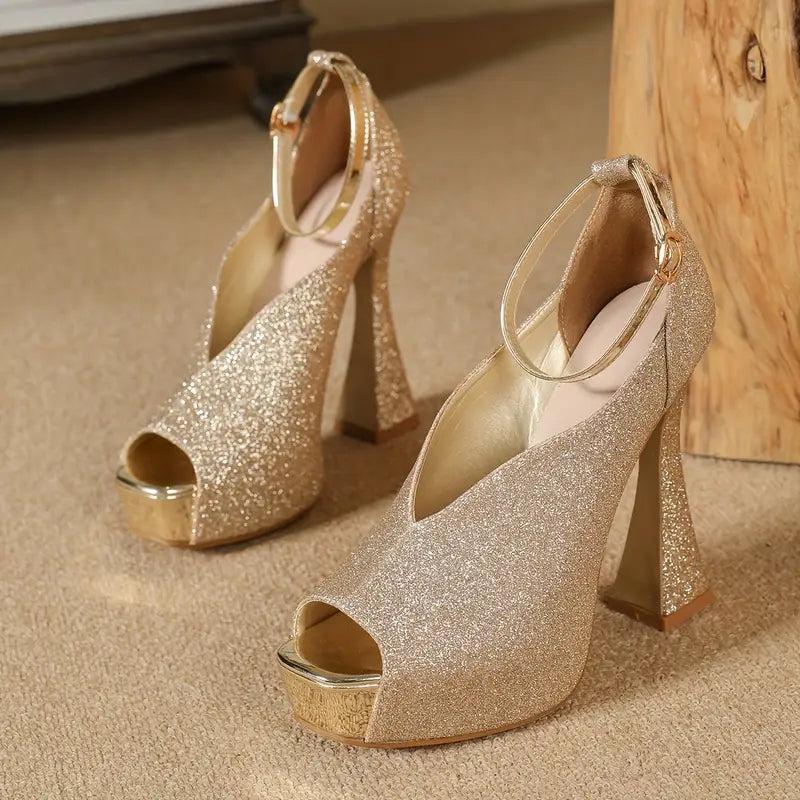 European & American Super High-Heeled Shiny Sandals – Sexy Waterproof Platform Fishmouth Shoes with Flare Heel & Square Toe for Parties & Fashion Events