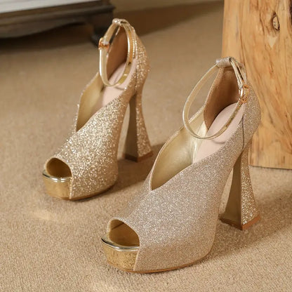 European & American Super High-Heeled Shiny Sandals – Sexy Waterproof Platform Fishmouth Shoes with Flare Heel & Square Toe for Parties & Fashion Events
