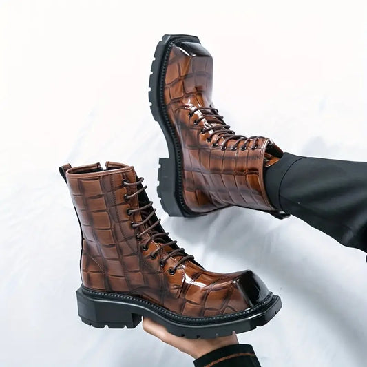 Men's Gothic Work Boots – Chunky Platform, Square Toe, Slip-Resistant Sole, PU Upper, Retro Style Brown