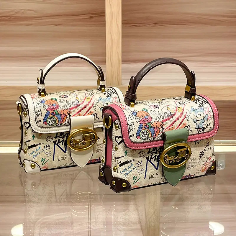 Women's Genuine Leather Graffiti Bear Crossbody Bag Cute Small Square Handbag with Graffiti Lettering Golden-Tone Hardware Nylon Lining Zipper Closure Green