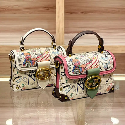 Women's Genuine Leather Graffiti Bear Crossbody Bag Cute Small Square Handbag with Graffiti Lettering Golden-Tone Hardware Nylon Lining Zipper Closure Green