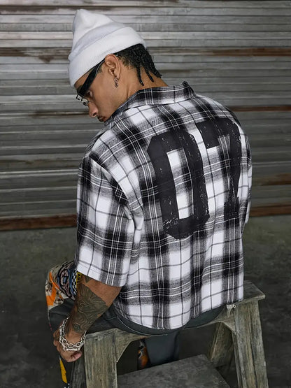Men's Casual Short Sleeve Striped Print Shirt Loose Fit Button-Up Plaid and Solid Color Splice Design