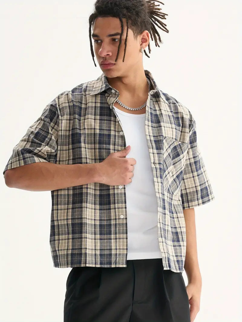 Men's Beige Blue Black Plaid Cropped Shirt Oversized Button-Up Relaxed Fit Short Sleeve Casual Top
