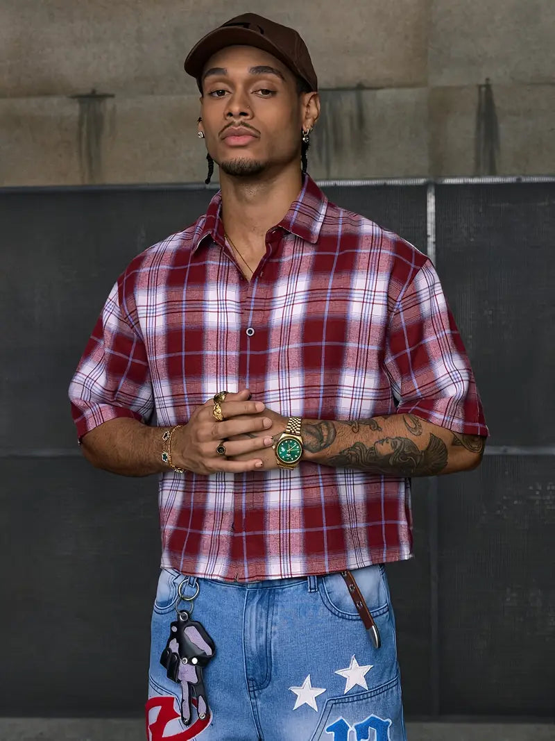 Men's Casual Short Sleeve Striped Print Shirt Loose Fit Button-Up Plaid and Solid Color Splice Design Khaki Crimson