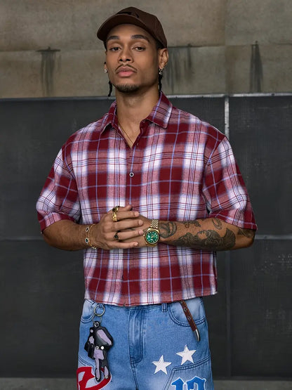 Men's Casual Short Sleeve Striped Print Shirt Loose Fit Button-Up Plaid and Solid Color Splice Design Khaki Crimson