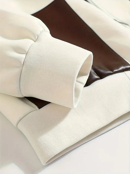 Unisex Casual Jacket for Couples Brown Color Block Design Full-Zip Polyester Coat for Outdoor Everyday Wear