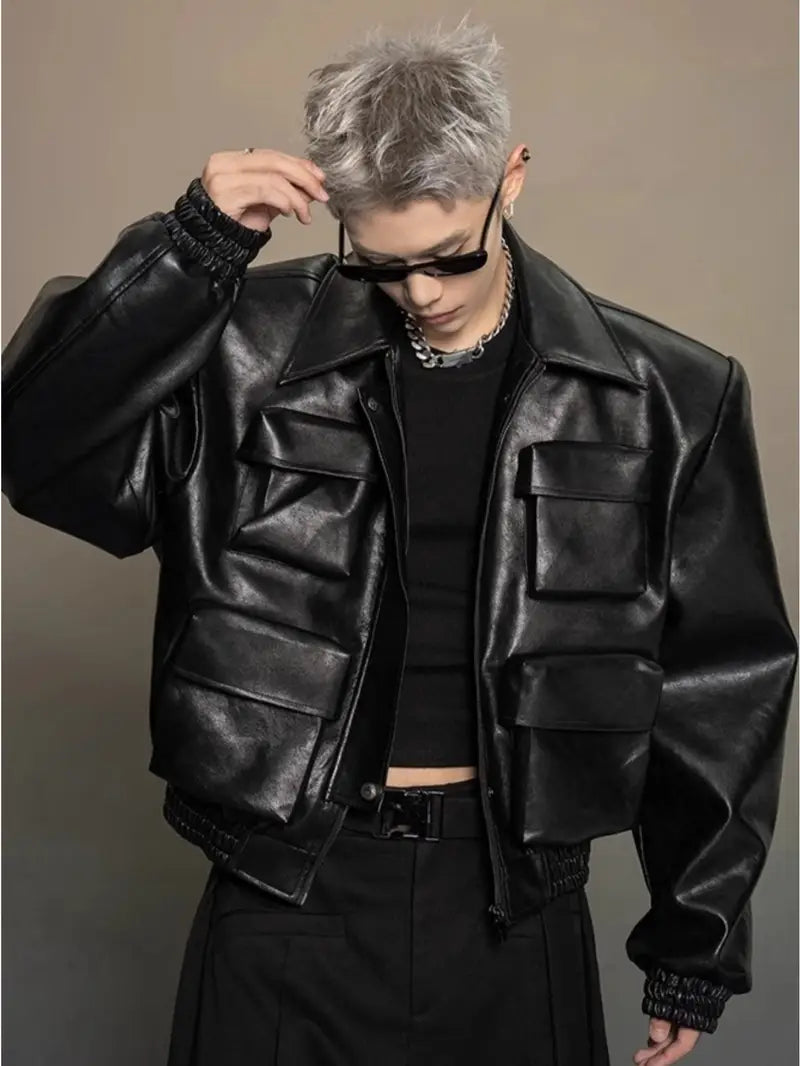 Men's Full-Zip Jacket with Multi-Pocket Design Black Loose Fit Casual Outerwear for Spring Autumn Mature Style