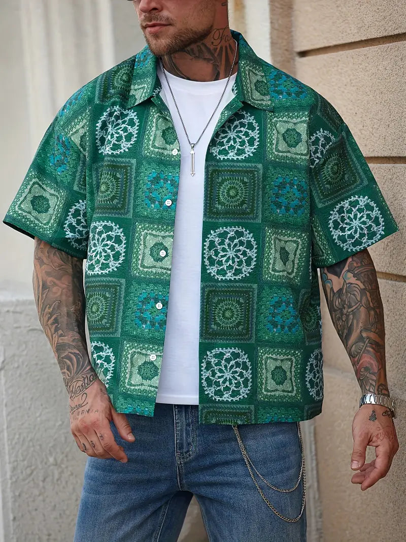 Men's Vintage Floral Print Short Sleeve Shirt Green White Geometric Pattern Button-Up Non-Stretch Fabric