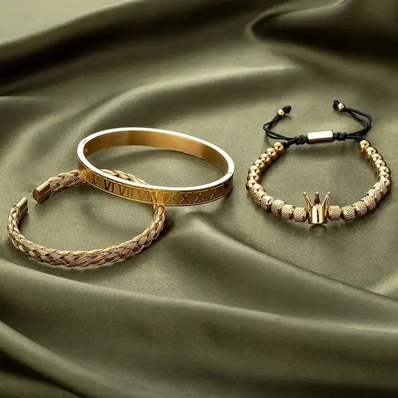 3-Piece Stainless Steel Roman Crown Bracelet Set – Glossy Woven Trend Design for Men & Women