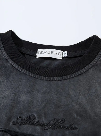 Men's Vintage Washed Tie-Dye T-Shirt Embroidered Letters Loose Fit Crew Neck Short Sleeve Summer Top