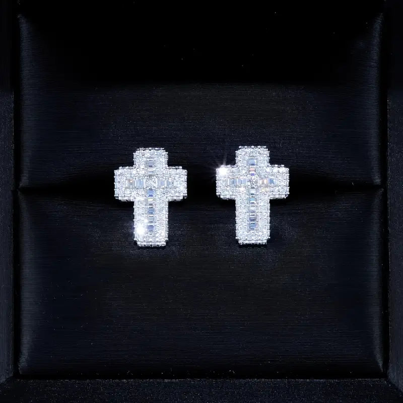 VVS1 Moissanite Baguette Cross Earrings – S925 Sterling Silver, Unisex Luxury Hip-Hop Style with Sparkling Detail