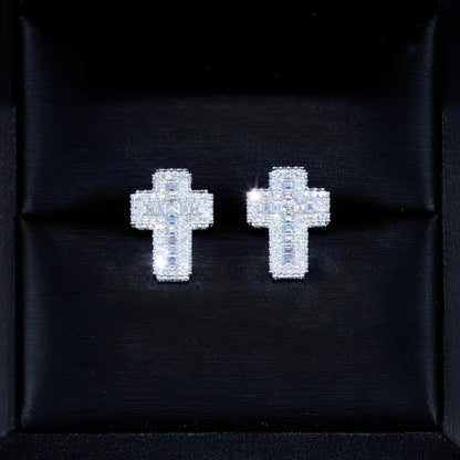 VVS1 Moissanite Baguette Cross Earrings – S925 Sterling Silver, Unisex Luxury Hip-Hop Style with Sparkling Detail