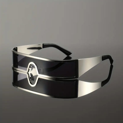 Cyberpunk Wrap-Around Fashion Glasses – One-Piece Metal Frame with Wide-Leg Lens Design, Futuristic Streetwear Eyewear
