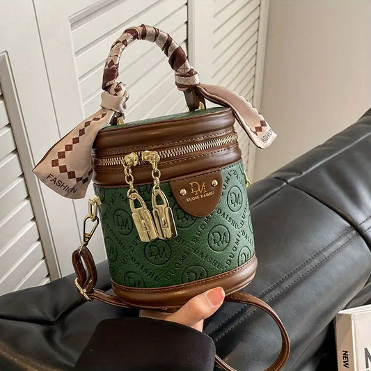 Chic Green Bucket Bag for Women – Stylish Crossbody with Golden-Tone Hardware, Zipper Closure & Checkered Bow Accent
