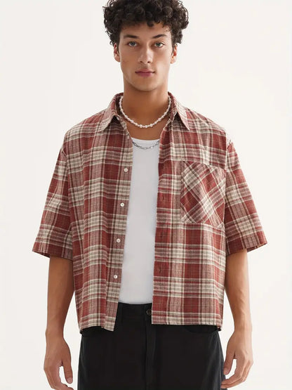 Men's Beige Blue Black Plaid Cropped Shirt Oversized Button-Up Relaxed Fit Short Sleeve Casual Top