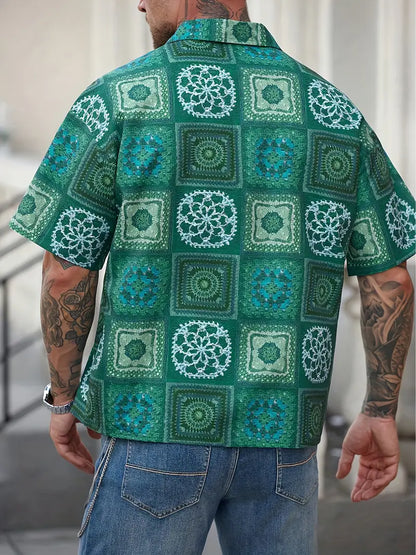 Men's Vintage Floral Print Short Sleeve Shirt Green White Geometric Pattern Button-Up Non-Stretch Fabric