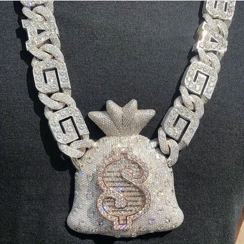 Luxury 925 Sterling Silver Dollar Bag Pendant – Fully Iced Out, VVS1 Cubic Zirconia, 18K Gold Plated Chain