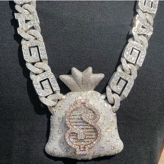 Luxury 925 Sterling Silver Dollar Bag Pendant – Fully Iced Out, VVS1 Cubic Zirconia, 18K Gold Plated Chain