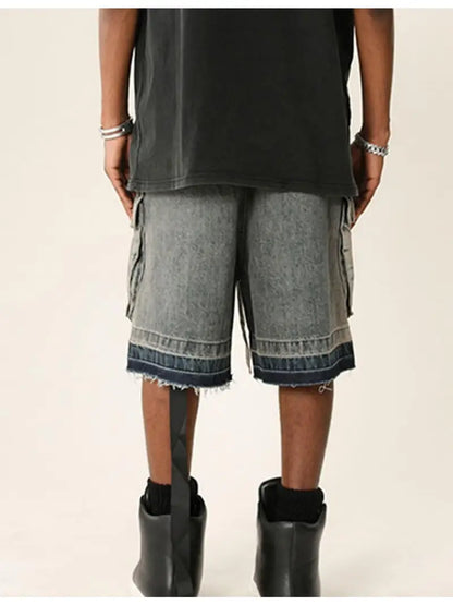 Men’s Y2K Goth Cargo Shorts – Baggy Denim Knee-Length with Multi-Pocket Streetwear Style